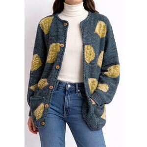 Vtg Territory Ahead Wool Cardigan M L Women Green Printed Textured Knit Sweater